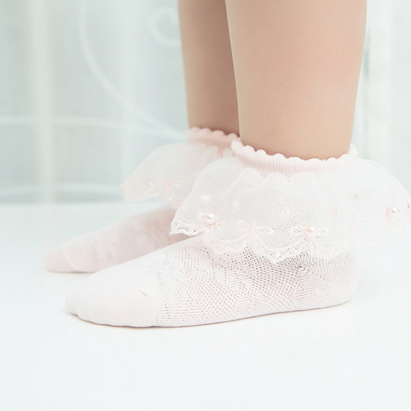 Mesh Pearl Lace Lace Socks Cotton Girls 'Bow Baby Dunne korte sokken